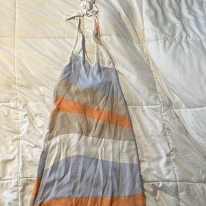 Small purple, creme, and orange Hollister dress, mini with a halter chest.